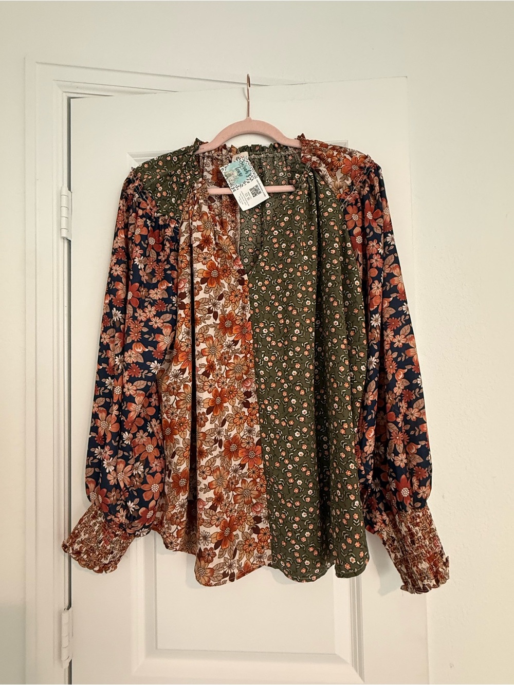 Floral Patchwork Peasant Blouse - Green & Rust